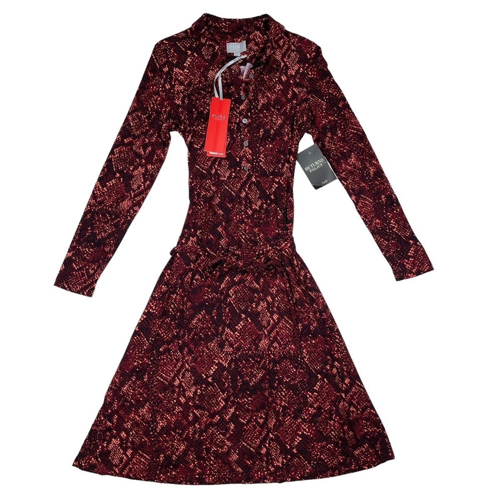 Pure Collection Dress Size 8 / 10 Red Snakeskin Button Front Empire Long Sleeve